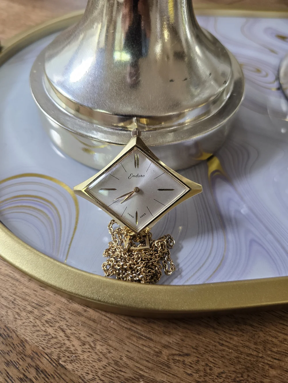 Gold-Tone Square Pendant Watch Necklace Automatic